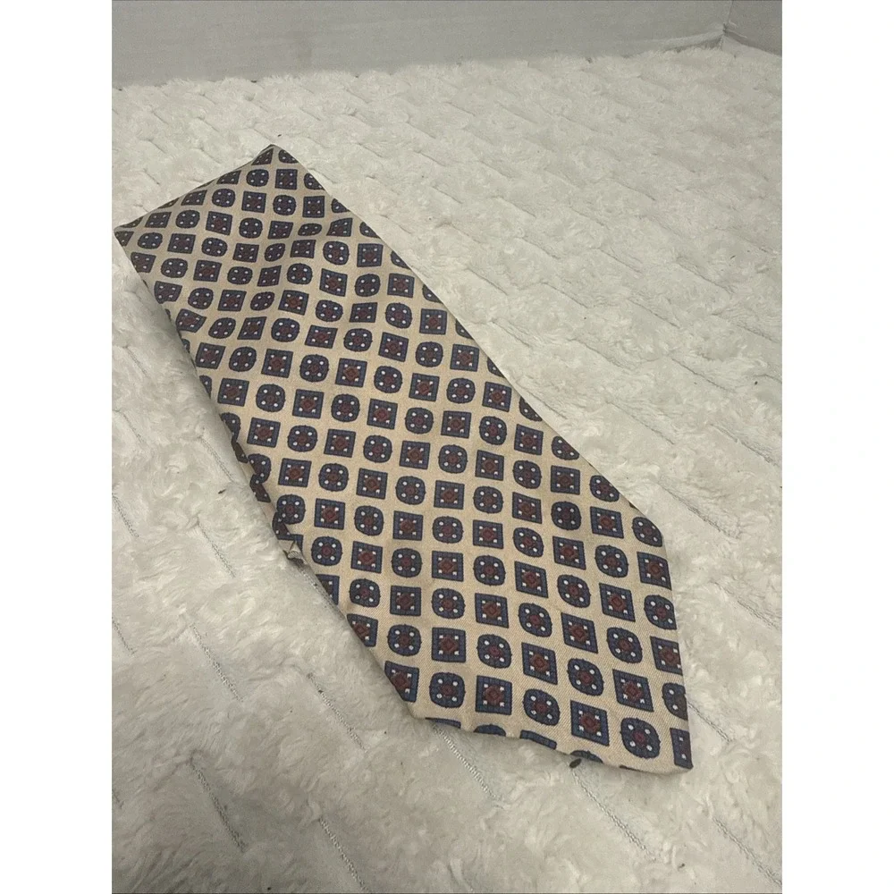 CHRISTIAN DIOR Khaki NAVY BLUE Red GEOMETRIC PATTERN SILK NECK TIE 42